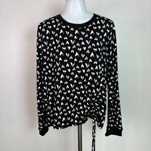Lucky Brand Knit Top Large Black Hearts Cinch Side Long Sleeve Shirt Women's